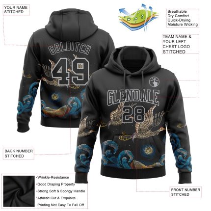 Custom Name and Number Personalized 3D Pattern Crane Wave Pullover Hoodie - Black Gray Sports Sweatshirt Personalized Stitched