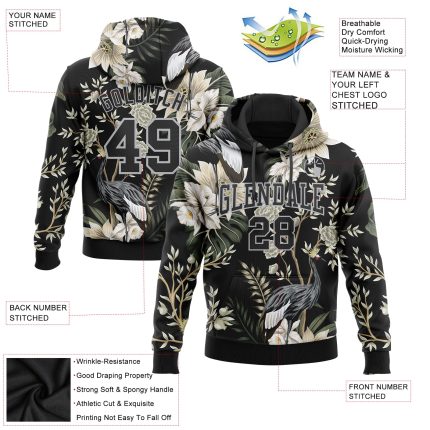Customizable 3D Heron and Flower Sports Hoodie with Name and Number - Personalized Black Gray Sweatshirt Pullover Personalized