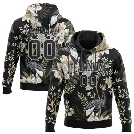 Customizable 3D Heron and Flower Sports Hoodie with Name and Number - Personalized Black Gray Sweatshirt Pullover Personalized