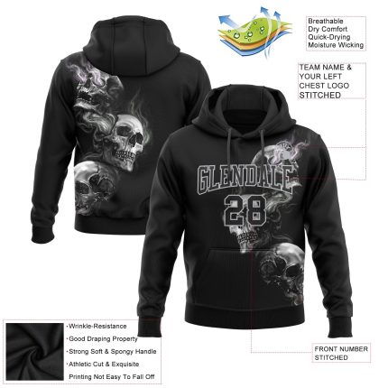 Custom Name 3D Skull Pullover Hoodie - Personalized Black Gray Sweatshirt for Sports Team, Custom Number Fashion Apparel