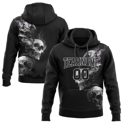 Custom Name 3D Skull Pullover Hoodie - Personalized Black Gray Sweatshirt for Sports Team, Custom Number Fashion Apparel