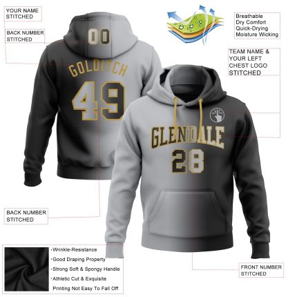 Custom Team Name Number Sports Hoodie Sweatshirt Black Gray Gold Gradient Personalized Stitched Pullover Personalized Stitched