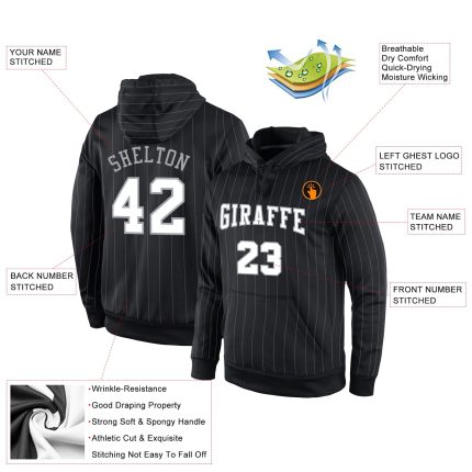 Custom Team Name Number Hoodie Sweatshirt - Personalized Black Gray Pinstripe Pullover Personalized Stitched Black Gray Pinstripe