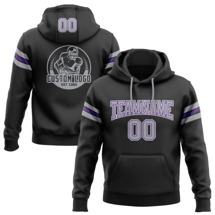 Custom Name Number Stitched Hoodie for Football - Black Gray Purple Pullover Sweatshirt Personalized Stitched Black Gray-Purple