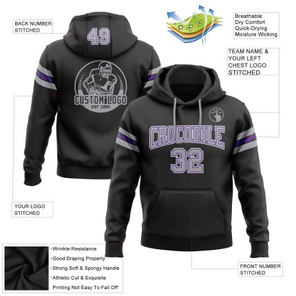 Custom Name Number Stitched Hoodie for Football - Black Gray Purple Pullover Sweatshirt Personalized Stitched Black Gray-Purple