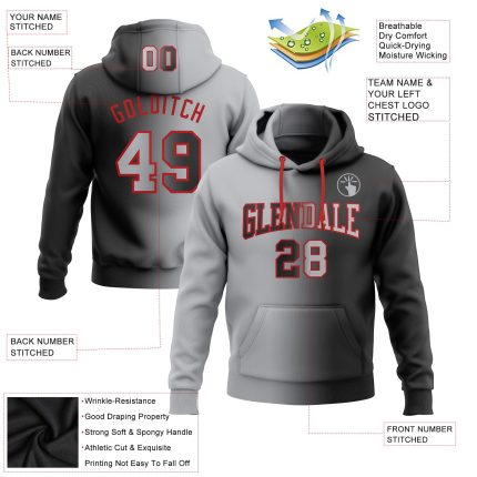 Custom Name and Number Sports Hoodie Sweatshirt - Personalized Black Gray Red Gradient Pullover Fashion Personalized Stitched