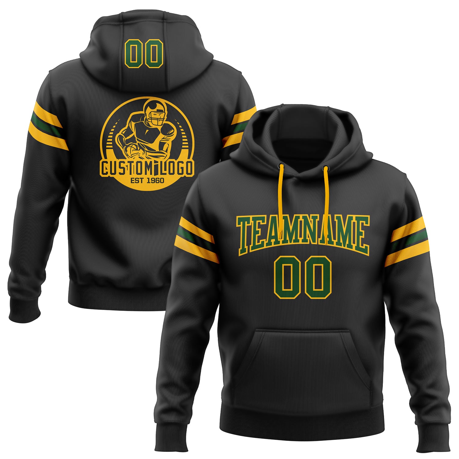 Custom Team Football Hoodie with Stitched Name and Number - Black Green-Gold Pullover Sweatshirt Personalized Stitched Black
