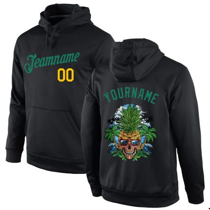 Custom Named 3D Skull Pineapple Head Hoodie Sweatshirt - Personalized Stitched Black Kelly Green-Gold Team Design Personalized