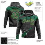 Custom Name and Number Stitched Pullover Hoodie - 3D Torn Paper Design in Black, Kelly Green, and Old Gold - Sports Sweatshirt