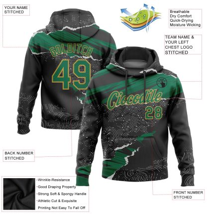 Custom Name and Number Stitched Pullover Hoodie - 3D Torn Paper Design in Black, Kelly Green, and Old Gold - Sports Sweatshirt