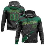 Custom Name and Number Stitched Pullover Hoodie - 3D Torn Paper Design in Black, Kelly Green, and Old Gold - Sports Sweatshirt