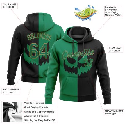 Personalized Halloween Pumpkin Sports Hoodie Custom Name & Number - Stitched Black Green Old Gold 3D Scary Faces Pullover Sweatshirt