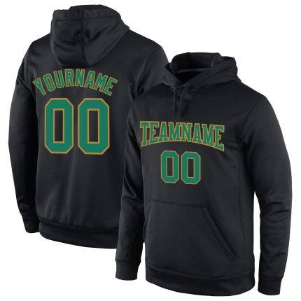 Custom Sports Hoodie with Personalized Name and Number, Black Kelly Green-Old Gold Pullover Sweatshirt Personalized Stitched