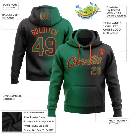 Custom Name and Number Personalized Sports Hoodie Sweatshirt in Black Kelly Green-Orange Gradient Design Personalized Stitched