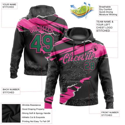Custom Name and Number Personalized 3D Pattern Torn Paper Sports Hoodie | Black Kelly Green-Pink Pullover Sweatshirt Personalized