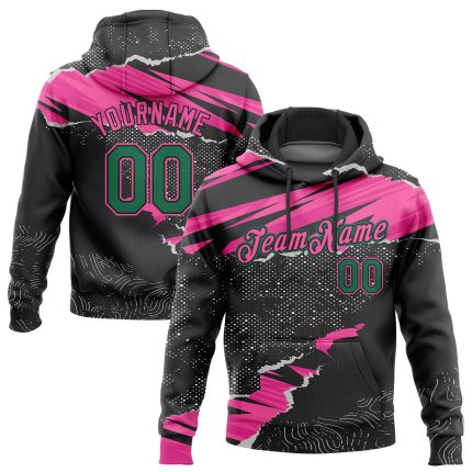 Custom Name and Number Personalized 3D Pattern Torn Paper Sports Hoodie | Black Kelly Green-Pink Pullover Sweatshirt Personalized