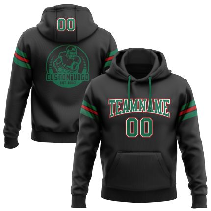 Custom Football Hoodie with Name and Number - Stitched Black, Kelly Green and Red Pullover Sweatshirt Personalized Stitched