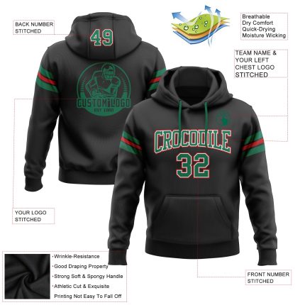 Custom Football Hoodie with Name and Number - Stitched Black, Kelly Green and Red Pullover Sweatshirt Personalized Stitched