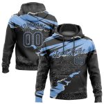 Custom Name and Number Black Light Blue 3D Torn Paper Sports Hoodie Pullover - Personalized Stitched Sweatshirt Design Personalized