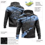 Custom Name and Number Black Light Blue 3D Torn Paper Sports Hoodie Pullover - Personalized Stitched Sweatshirt Design Personalized