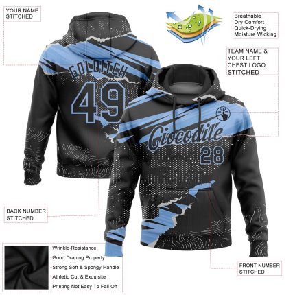 Custom Name and Number Black Light Blue 3D Torn Paper Sports Hoodie Pullover - Personalized Stitched Sweatshirt Design Personalized