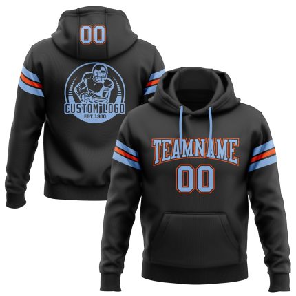 Custom Personalized Football Hoodie Sweatshirt - Stitched Black Light Blue Orange with Team Name & Number Personalized Stitched