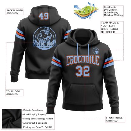 Custom Personalized Football Hoodie Sweatshirt - Stitched Black Light Blue Orange with Team Name & Number Personalized Stitched