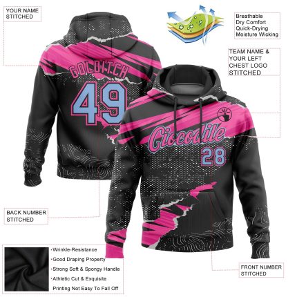 Custom Team Hoodie with Personalized Name & Number - Black Light Blue-Pink 3D Torn Paper Pattern Pullover Sweatshirt Personalized