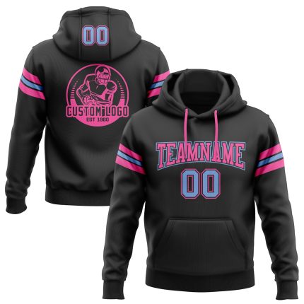 Custom Football Hoodie with Stitched Team Name & Number - Black, Light Blue & Pink Pullover Sweatshirt Personalized Stitched