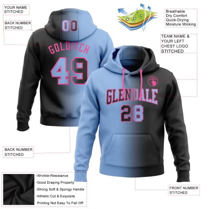 Custom Name Number Sports Hoodie for Team - Personalized Stitched Black Light Blue Pink Gradient Sweatshirt Pullover Personalized