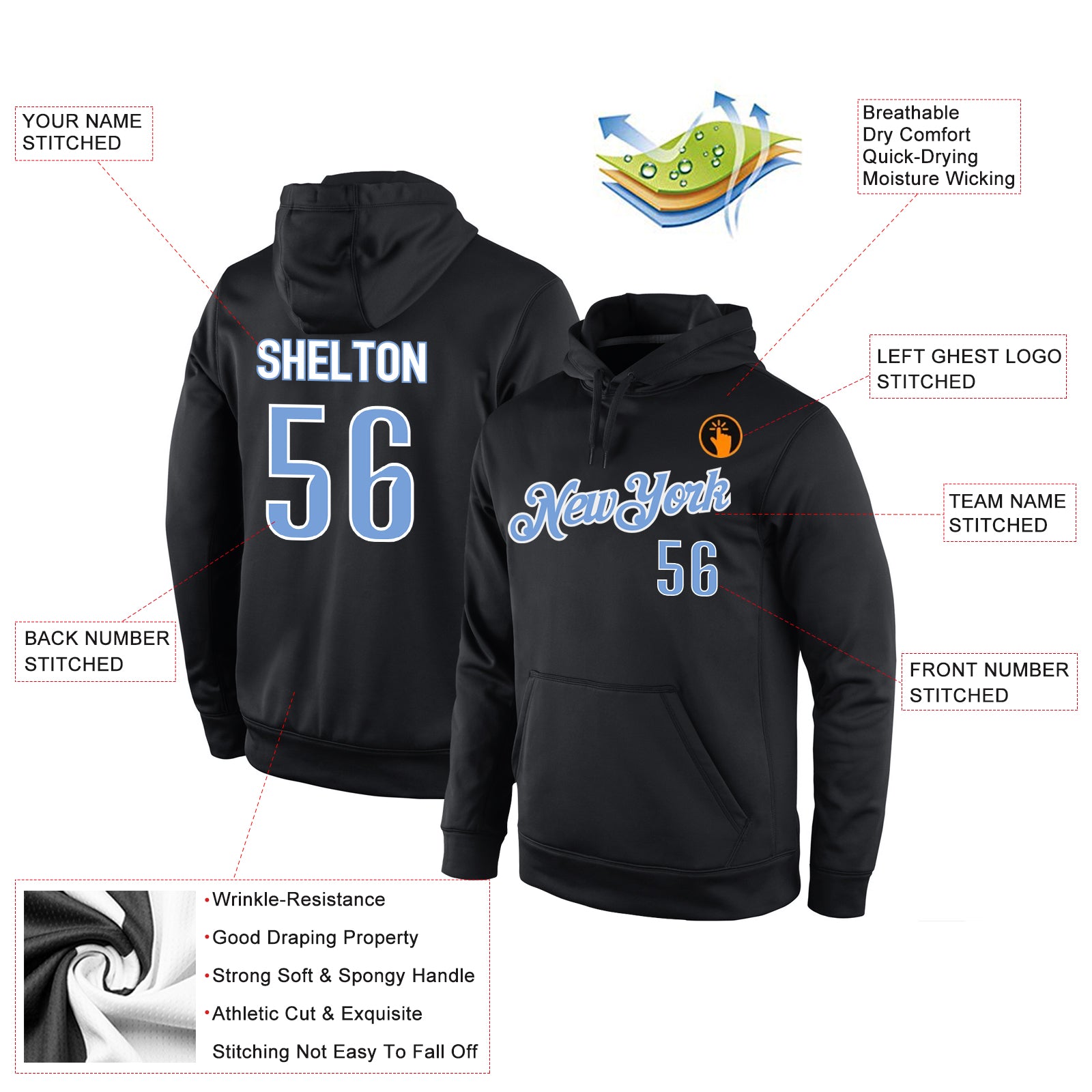 Personalized Stitched Black Light Blue-White Sports Pullover Sweatshirt Hoodie Team Custom Name and Number Custom Name Number Sports Hoodie Black Light Blue White Stitched Pullover Sweatshirt for Team Personalized Stitched Black - Image 4