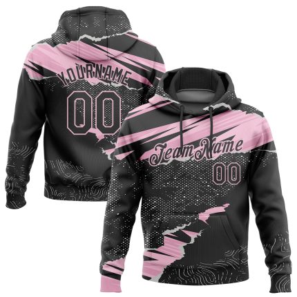 Custom Name & Number Sports Hoodie with 3D Torn Paper Design - Black & Light Pink Stitched Pullover Sweatshirt Personalized
