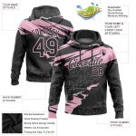 Custom Name & Number Sports Hoodie with 3D Torn Paper Design - Black & Light Pink Stitched Pullover Sweatshirt Personalized