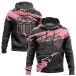 Custom Team Name and Number Pullover Hoodie - Black Medium Sweatshirt with Pink 3D Torn Paper Pattern Design Personalized