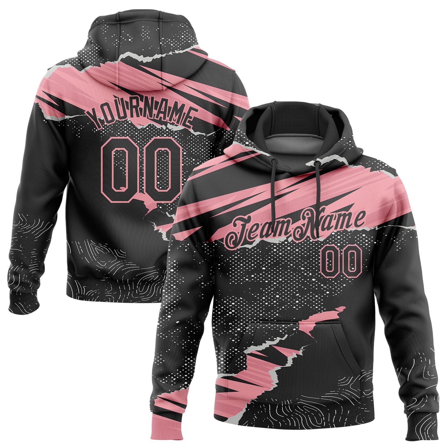 Custom Team Name and Number Pullover Hoodie - Black Medium Sweatshirt with Pink 3D Torn Paper Pattern Design Personalized