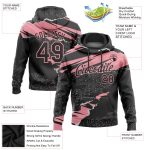 Custom Team Name and Number Pullover Hoodie - Black Medium Sweatshirt with Pink 3D Torn Paper Pattern Design Personalized