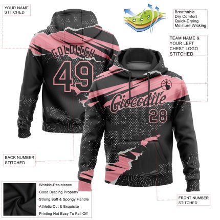 Custom Team Name and Number Pullover Hoodie - Black Medium Sweatshirt with Pink 3D Torn Paper Pattern Design Personalized
