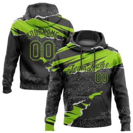 Custom Name and Number Stitched Black Neon Green 3D Torn Paper Style Sports Hoodie Pullover Sweatshirt Personalized Stitched