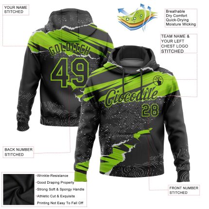 Custom Name and Number Stitched Black Neon Green 3D Torn Paper Style Sports Hoodie Pullover Sweatshirt Personalized Stitched