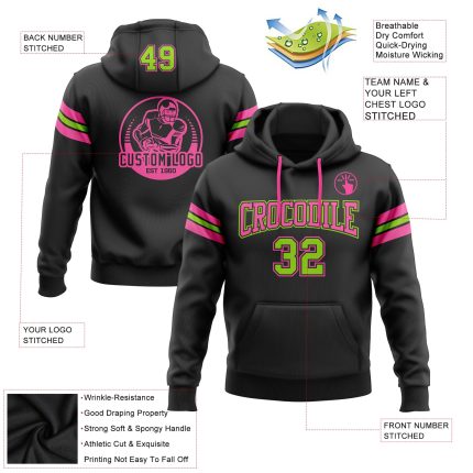 Custom Team Name Number Football Hoodie Sweatshirt - Personalized Stitched Black Neon Green-Pink Pullover Personalized Stitched
