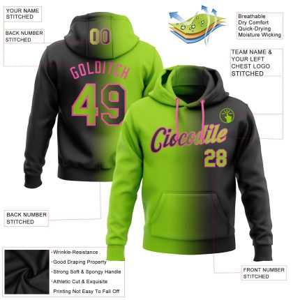 Custom Name Number Sports Hoodie Black Neon Green-Pink Gradient Stitched Pullover Sweatshirt Personalized Stitched Black