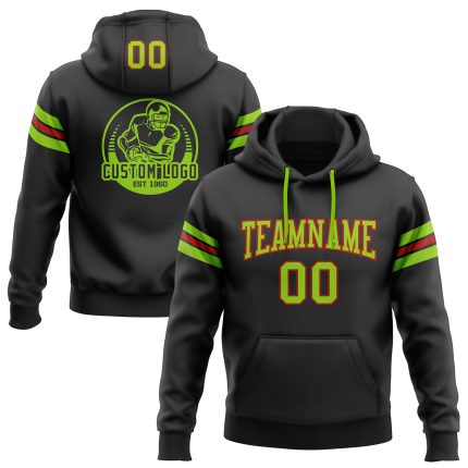 Custom Name Number Football Hoodie Sweatshirt - Personalized Stitched Black Neon Green-Red Design Personalized Stitched Black