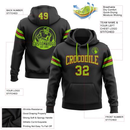 Custom Name Number Football Hoodie Sweatshirt - Personalized Stitched Black Neon Green-Red Design Personalized Stitched Black