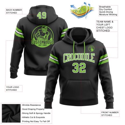 Custom Stitched Football Hoodie with Personalized Name & Number in Black Neon Green White - Pullover Sweatshirt Personalized