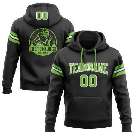 Custom Stitched Football Hoodie with Personalized Name & Number in Black Neon Green White - Pullover Sweatshirt Personalized