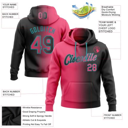 Custom Name and Number Hoodie - Personalized Sports Pullover Sweatshirt in Black Neon Pink-Teal Gradient Personalized Stitched
