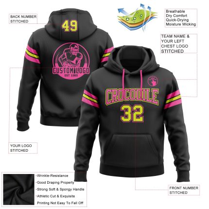 Custom Team Football Hoodie with Personalized Name & Number - Black Neon Yellow-Pink Sweatshirt Personalized Stitched Black