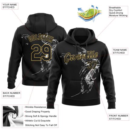 Custom Name Number Gorilla Sports Pullover Hoodie Sweatshirt with 3D Black Old Gold Pattern Design - Personalized Apparel