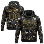 Custom Name & Number Personalized Heron & Flower 3D Pattern Black & Old Gold Pullover Sweatshirt Hoodie Personalized Stitched