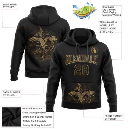 Custom Name and Number Pullover Hoodie - Personalized Black and Gold 3D Heron Sports Sweatshirt with Unique Stitched Design